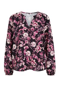 Černá blůza s dlouhými rukávy a růžovo-bílým květinovým vzorem, výstřih do V a elastické manžety.