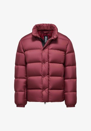 Bordeaux pufferjack met gewatteerde vulling, hoge kraag, rits aan de voorkant en elastische manchetten voor extra isolatie en comfort.