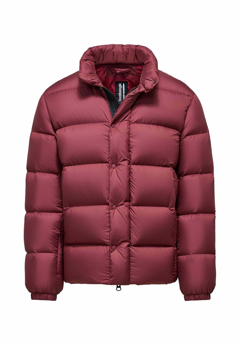 Giacca a vento bordeaux con imbottitura trapuntata, colletto alto, chiusura frontale con zip e polsini elasticizzati per una maggiore isolamento e comfort.