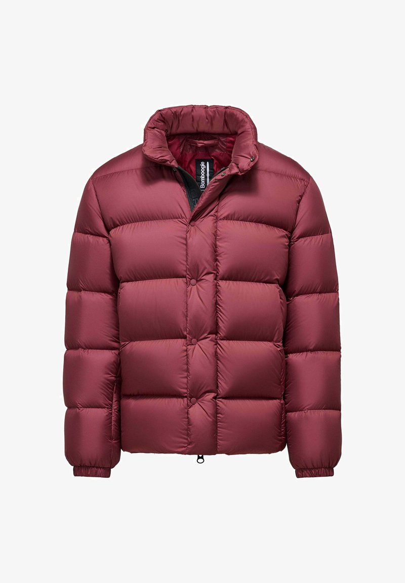 Giacca a vento bordeaux con imbottitura trapuntata, colletto alto, chiusura frontale con zip e polsini elasticizzati per una maggiore isolamento e comfort.
