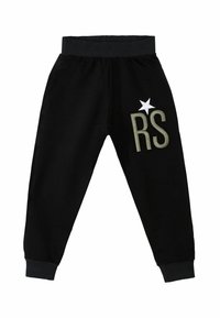 Pantaloni felpati neri realizzati in cotone misto, con polsini a costine, vita elastica e lettere "RS" ricamate con un accento di stella bianca.