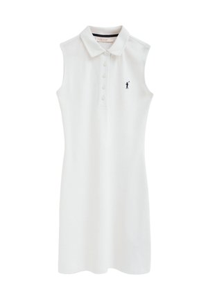 Vestito polo bianco senza maniche con chiusura frontale a bottoni e piccolo logo nero da golfista sul petto sinistro.