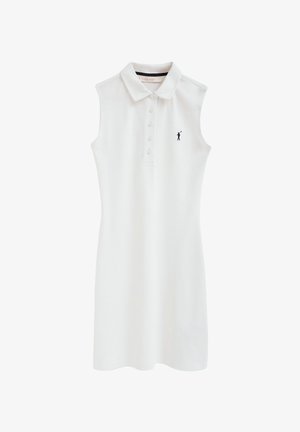 Ärmelloses weißes Polokleid mit Knopfleiste vorne und kleinem schwarzem Golfspieler-Logo auf der linken Brust.