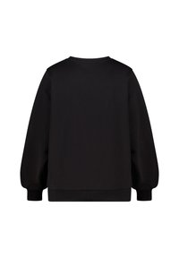 Sweatshirt noir à manches longues, encolure ronde et poignets côtelés. Texture lisse, design minimal, sans logos ni motifs visibles.