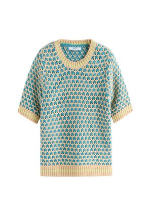 Kurzhängiger Pullover mit einem blauen und cremefarbenen Muster sowie grünen Akzenten, runder Halslinie und strukturiertem Strickstoff.