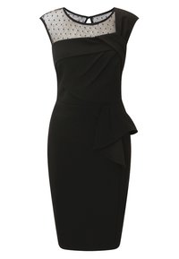 Robe noire longueur genou avec corsage plissé, empiècement transparent à pois, manches courtes et détail péplum asymétrique à la taille.