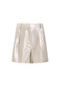 Shorts métalliques beige taille haute avec passants de ceinture, plis devant et coupe slim sur mesure.