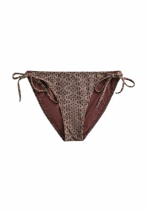 Parte inferior de bikini marrón con patrón geométrico circular blanco y cuerdas de atar a los lados en ambas caderas.