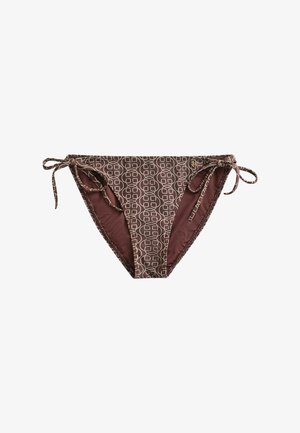 Parte inferior de bikini marrón con patrón geométrico circular blanco y cuerdas de atar a los lados en ambas caderas.