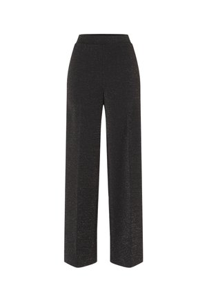 Zwarte wijde broek gemaakt van een textiel met een subtiele glans, met een elastische tailleband en een rechte pasvorm.