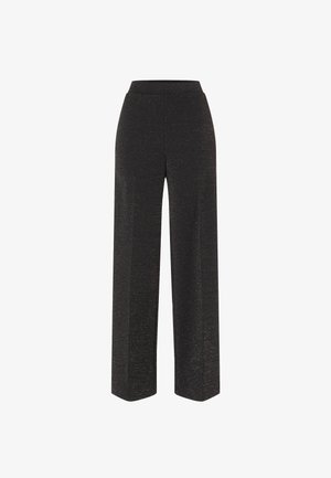 Schwarze weit geschnittene Hosen aus einem strukturierten Stoff mit einem subtilen Glanz, ausgestattet mit einem elastischen Bund und geradem Schnitt.