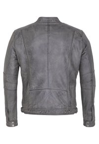 Grå läderjacka med texturerad yta, figursydd design, ståkrage och knappdetaljer på ärmarna och fållen.