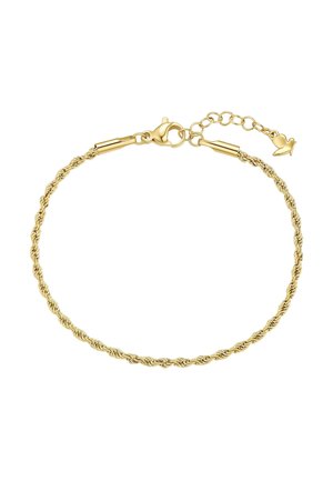 Pulsera de cadena de cuerda torcida de oro con cierre de langosta y cadena de extensión ajustable que termina en un pequeño colgante en forma de corazón.