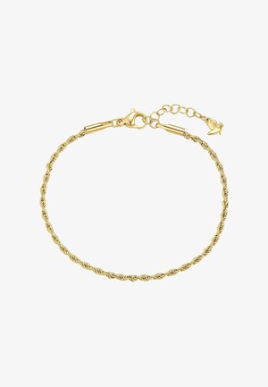 Pulsera de cadena de cuerda torcida de oro con cierre de langosta y cadena de extensión ajustable que termina en un pequeño colgante en forma de corazón.