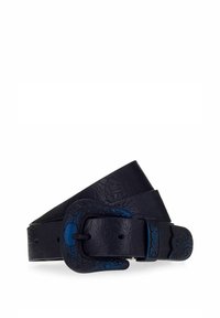 Zwarte leren riem met een gestructureerde afwerking en een decoratieve gesp met blauwe accenten en bloemmotieven. Standaard lengte en breedte.