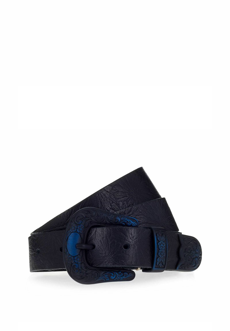 Zwarte leren riem met een gestructureerde afwerking en een decoratieve gesp met blauwe accenten en bloemmotieven. Standaard lengte en breedte.