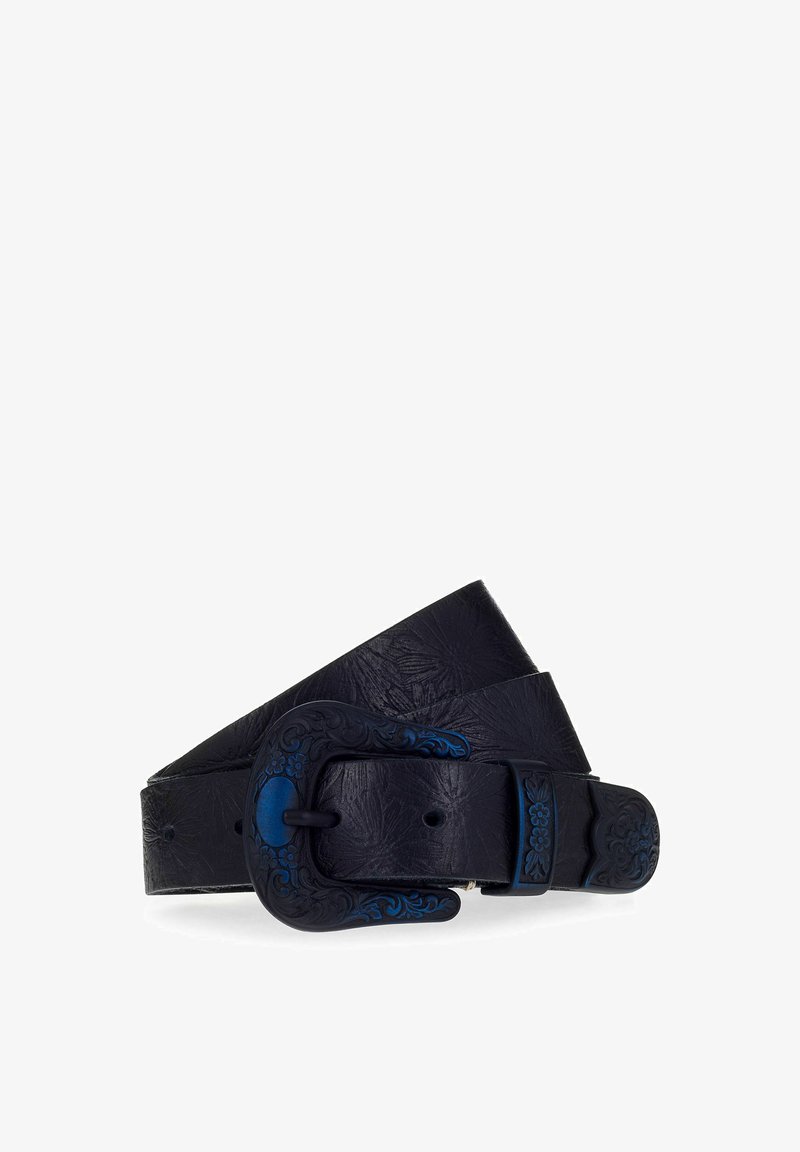Cintura in pelle nera con finitura testurizzata e una fibbia decorativa con accenti blu e dettagli floreali. Lunghezza e larghezza standard.