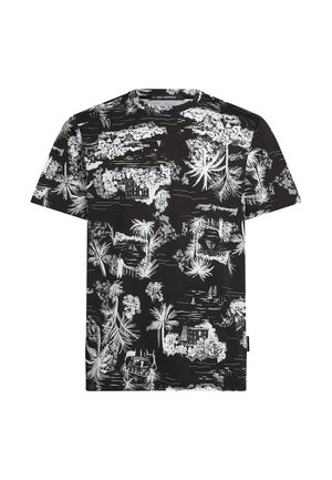 Melns T-krekls ar baltām grafiskām tropisko augu, ainavu un laivu apdrukām. Īsas piedurknes un apaļa kakla izgriezums. Mīksta auduma tekstūra.