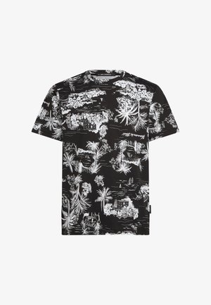 Črna majica s kratkimi rokavi in okroglim izrezom, na kateri so beli grafični potiski tropskih rastlin, pokrajin in čolnov. Mehka tekstura tkanine.