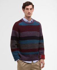 Sweter dziany z szerokimi poziomymi paskami w kolorach burgundowym, teal, szarym i granatowym. Posiada prążkowaną fakturę oraz kontrastowe detale na mankietach.