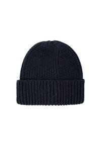 Dark navy blue ribbed knit beanie hat with folded cuff, displayed on a white background.