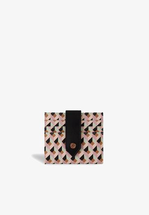 Cardholder made of patterned synthetic material in pink, black, and mint colors. Features a black leather flap and a decorative button.
