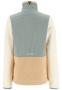 Fleece-Jacke mit hohem Kragen, mit hellgrünem Oberteil, beigem Unterteil und cremefarbenen Ärmeln. Beinhaltet strukturierte, flauschige Stoffakzente.