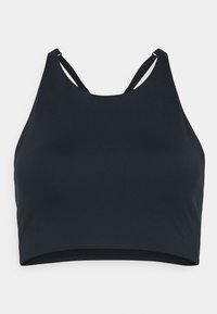 Crni sportski crop top s visokim izrezom i uskim naramenicama. Glatka, rastezljiva tkanina s uskim krojem i bez vidljivih šavova.