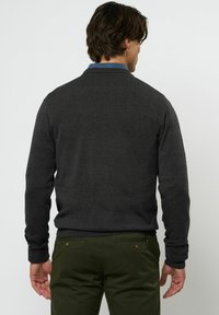 Tumši pelēks džemperis ar teksturētu adījumu, apaļu kakla izgriezumu un ribotām piedurknēm, kombinēts ar zaļām biksēm, skatīts no mugurpuses.