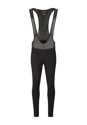 Sorte cykelbuksers med fuld længde og seler, med mesh øverst og skulderstropper, designet til udholdenhed og ydeevne.