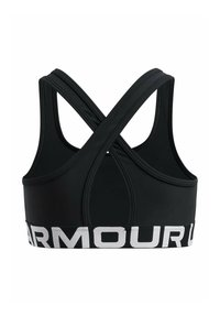 Sujetador deportivo negro con un diseño de espalda cruzada, que presenta un logo blanco "ARMOUR" en una banda ancha en la parte inferior. Fabricado con una tela suave y elástica.