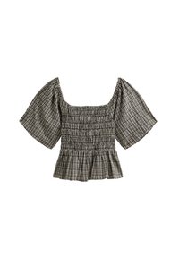 Top de cuadros en blanco y negro con cuerpo fruncido, escote cuadrado y mangas cortas abullonadas. Presenta un acento de dobladillo acampanado. Tejido ligero.