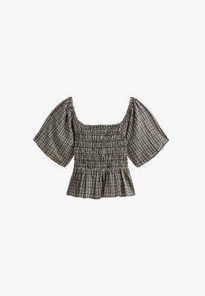 Zwart-wit geruite top met een gesmokt lijfje, vierkante halslijn en korte pofmouwen. Heeft een uitlopende zoomaccent. Lichtgewicht stof.