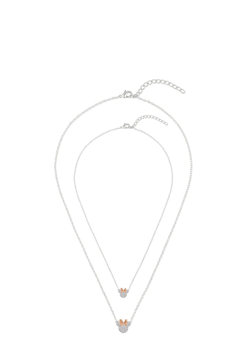 Collana a strati argentata con pendente rotondo decorato con un accento in oro rosa e abbellimenti scintillanti. Lunghezza della catena regolabile.