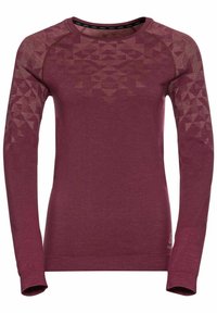 Long-sleeve maroon top with a textured geometric pattern across the shoulders, made from lightweight fabric with a crew neckline.