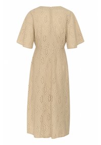 Beige midiklänning med korta utsvängda ärmar, som har intrikata ögla-mönster och en rund halsringning. Dragkedja i ryggen.