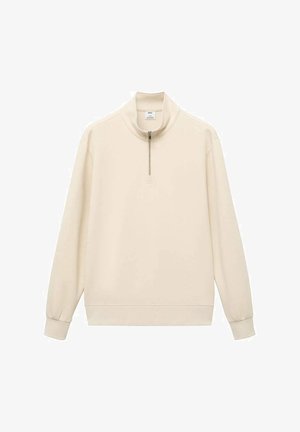 Cremefarvet sweater med høj krave, halv lynlås foran, lange ærmer og ribbede manchetter og kant. Glat, blød stofoverflade.