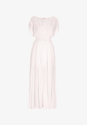 Maxikleid aus weißem Stoff mit V-Ausschnitt, kurzen DolmanÄrmeln, elastischem Taillenbund und dekorativer floralem Stickerei. Knöpfe auf der Vorderseite.