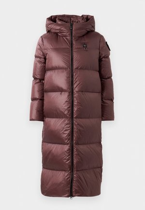 Long, padded coat in deep maroon. Features a hood, front zip, and wide horizontal quilting. Smooth, shiny texture with subtle branding detail.