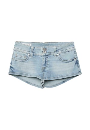 Lyseblå denim short shorts med forlommer, bæltestropper og dobbel-lukke med knapper.
