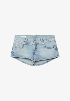 Lyseblå denim short shorts med forlommer, bæltestropper og dobbel-lukke med knapper.