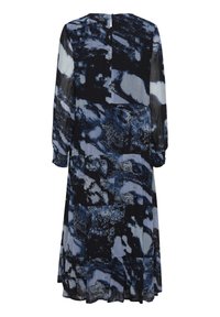 Vestido midi de estampado negro y azul con mangas largas, que presenta un escote redondo y cierre en forma de ojal en la parte posterior, confeccionado en una tela ligera.