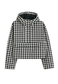Zwart-wit houndstooth-patroon hoodie met lange mouwen en een voorkeuze.