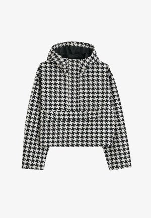Jakna s kapuljačom u crno-bijelom houndstooth uzorku, dugih rukava i prednjim džepom.