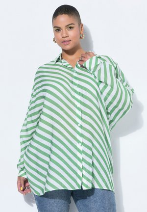 Persona que lleva una camisa de botones grande con rayas diagonales verdes y blancas y unos vaqueros azules, posando frente a un fondo blanco.