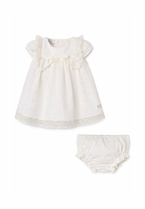 Vestito bianco per neonato con bordo in pizzo, maniche corte e mutandine arricciate abbinate sotto.