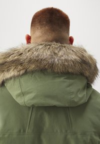 La giacca parka verde presenta un ampio colletto in pelliccia sintetica, una texture del tessuto liscia e un cappuccio, vista da dietro.