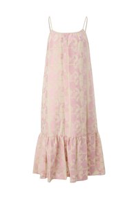 Robe midi sans manches avec fines bretelles, motif géométrique rose pastel et beige, détail froncé à l'ourlet, coupe ample.