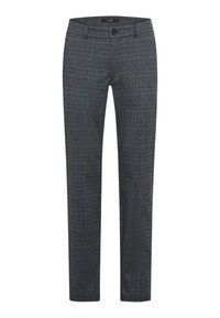 Pantaloni grigi con un sottile motivo a quadri, realizzati in un tessuto testurizzato, con una vita standard e chiusura a un bottone.