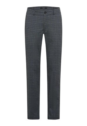 Pantaloni grigi con un sottile motivo a quadri, realizzati in un tessuto testurizzato, con una vita standard e chiusura a un bottone.